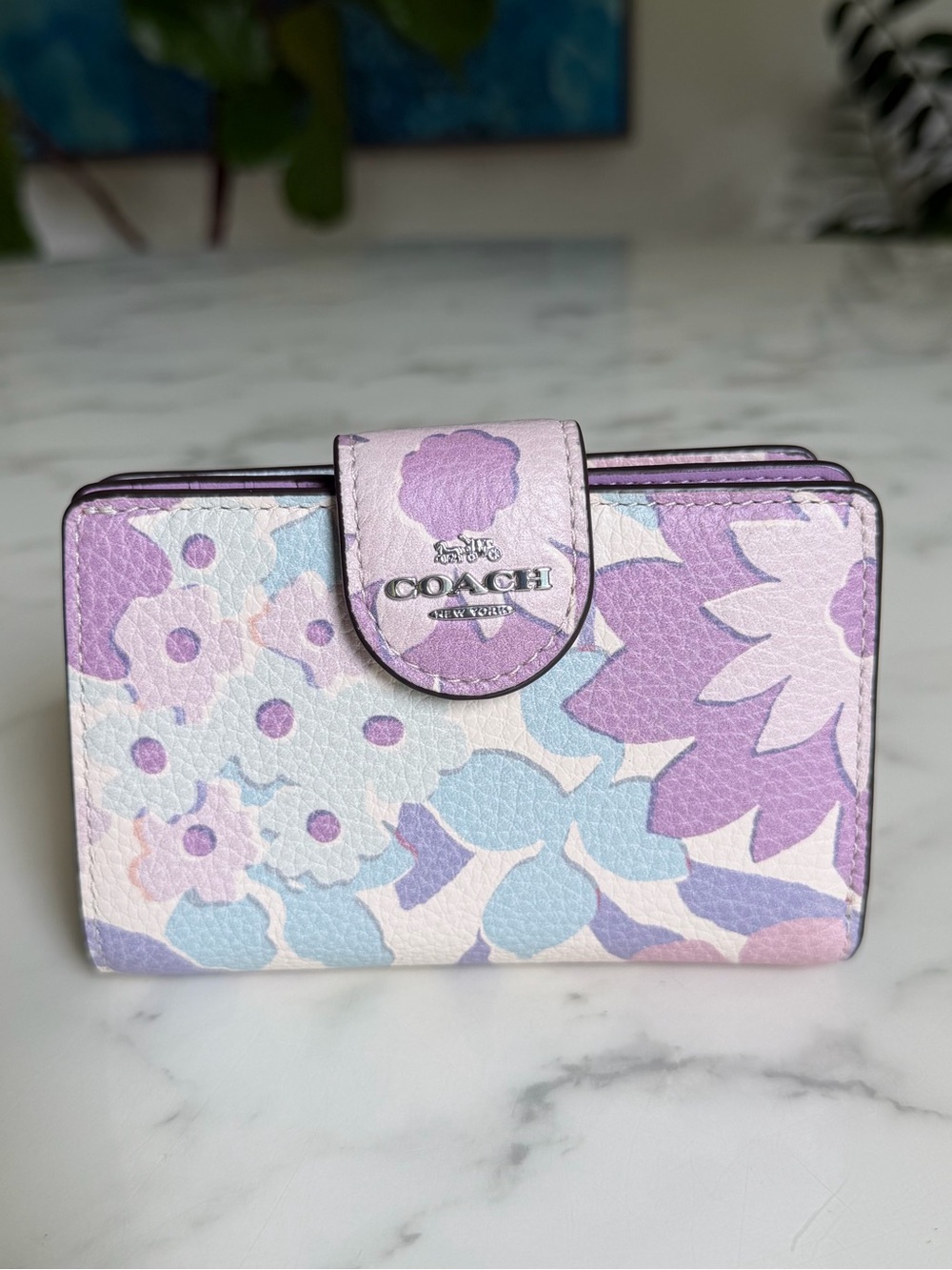 COACH Medium Corner Zip Wallet With Floral Print Ivory Purple Pink Multi CBO31